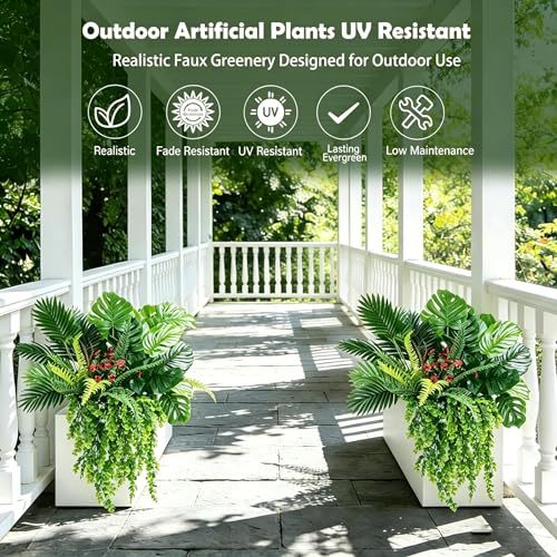 Artificial Plants Outdoor UV Resistant, 8 Bundles Realistic Faux Greenery with Tropical Leaves & Hanging Ferns, Fake Outdoor Plants for Planters, Front Porch, Patio, Window Boxes & Garden Decor - color: Green 2603