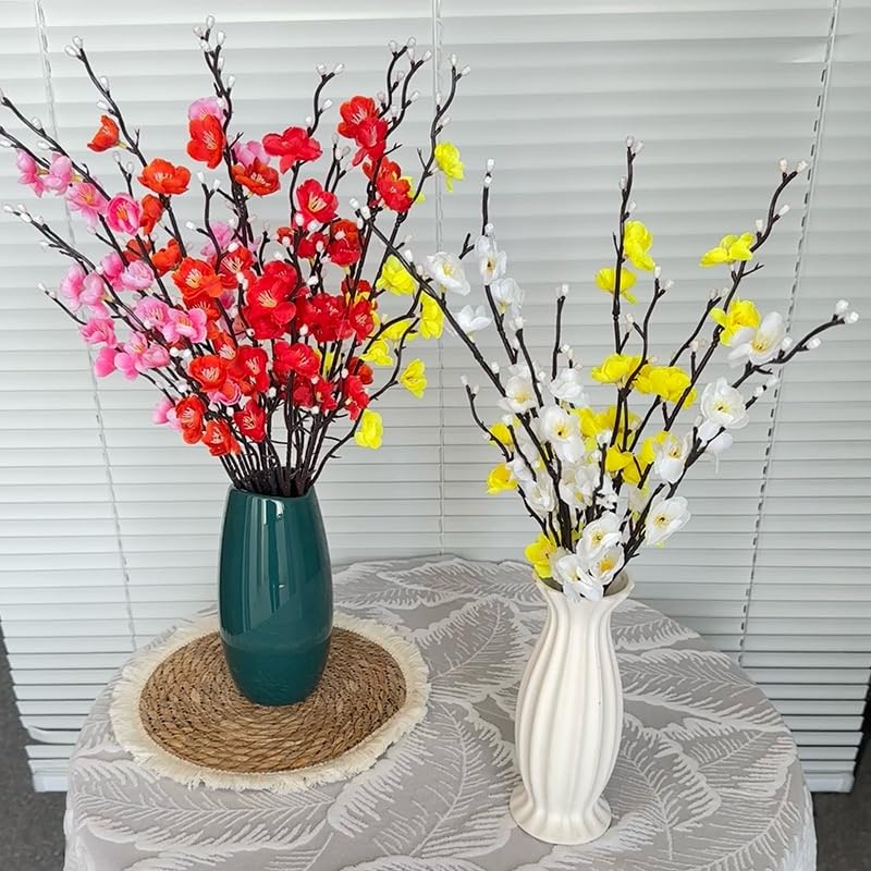 12 Pcs Artificial Plum Blossom Flowers 22" Fake Cherry Blossom Branches Faux Silk Plum Blossom Branches Arrangements for Vase Home Wedding Anniversary Dinning Table Spring Decor