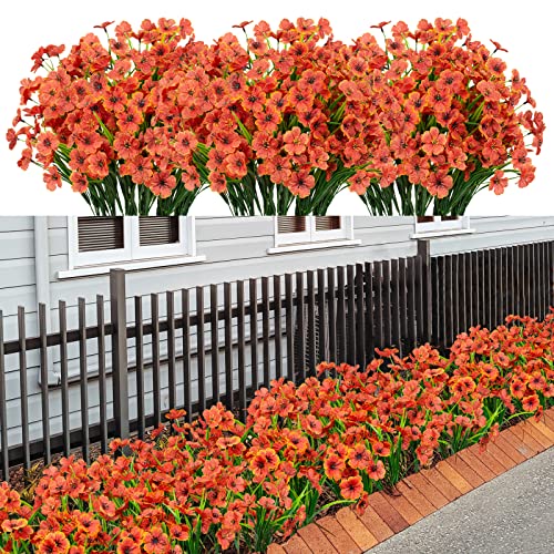LikSoor 21 Bundles Artificial Outdoor UV Resistant Flowers No Fade Fake Outside Flowers Plastic Greenery Faux Shrubs Garden Porch Window Box Home Decoration (Orange) - color: Orange