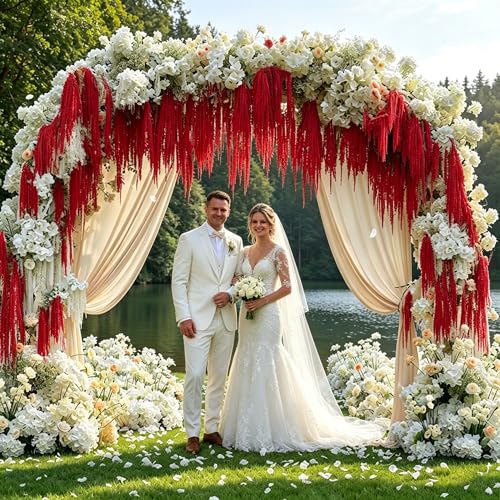 5Pcs Dried Amaranthus Hanging Flowers, 53" Neon Green Preserved Natural Wisteria for Wedding Arch, Table Centerpiece, Wall Hanging Lover Tears, Floral Arrangement (Deep Red) - color: Deep Red