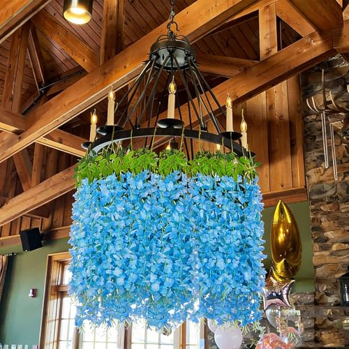 HUAHUA Artificial Wisteria Flowers, White Dense Artificial Fake Wisteria Vine Ratta Hanging Garland Silk Flowers String for Home Party Wedding Decor (24pcs Blue) - color: 24pcs Blue