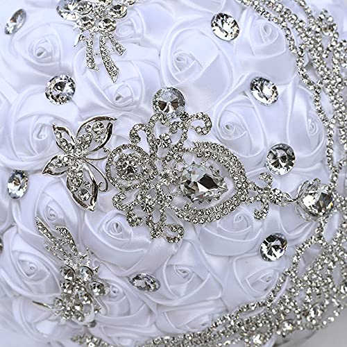 XINNI Handmade Bridal Wedding Bouquet Bride Bridesmaid Satin Rose Flower Bouquet with Drop-Shaped Rhinestone Wedding Decoration White - color: White