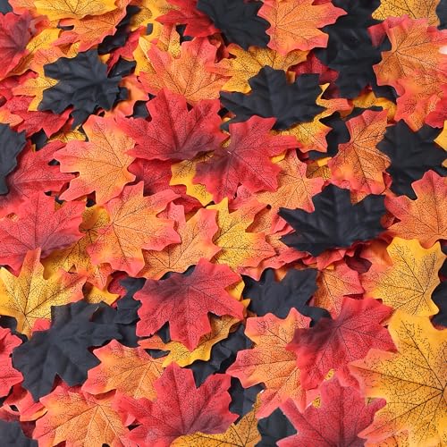 SITUMEIZI 400PC Fake Fall Leaves Autumn Halloween Decor Maple Leaf for Fall Wedding Thanksgiving Halloween Party Decorations 4 Colors - color: Yellow Red Black Purple