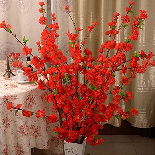 10PCS Artificial Cherry Blossom Branches Silk Spring Peach Blossom Fake Flowers Arrangements for Home Wedding Decoration (Red) - color: Red