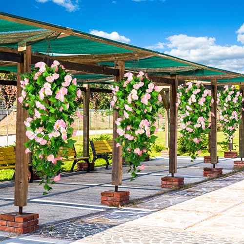 Artificial Fake Hanging Flowers Plants Basket for Spring Outdoor Outside Decoration, UV Resistant Faux Plastic Fabric Flower Morning Glory Wisteria Petunia for Garden Porch Patio Balcony Yard Decor - color: Pink