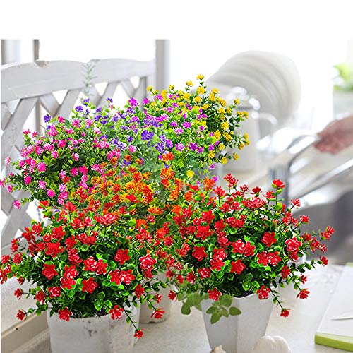 Grunyia 10 Bundles Artificial Fake Flowers, Faux Outdoor Plastic Plants UV Resistant Shrubs Outside Indoor Decorations (Red-Eucalyptus) - color: Red-eucalyptus
