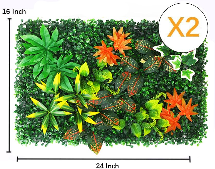 KAMEIOU 16 x 24 Inch Artificial Green Plant Wall Panel with Grass Flower Boxwood Hedge Wall Outdoor Artificial Privacy Fence Screen Fake Flower Grass Fence Panels Wall Decor for Outdoor Indoor（2 Pcs）