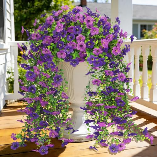 4 Pcs Artificial Hanging Flowers for Outdoor, Fake Silk Daisy Flowers Spring Summer Decoration UV Resistant Faux Plants for Planter Front Door Porch Patio Balcony Yard Decor, Double Purple - color: Double Purple