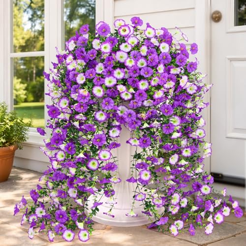 Artificial Hanging Flowers for Outdoors, Fake Hanging Flowers for Decoration, UV Resistant Artificial Outdoor Plants, 2 Pcs Morning Glory for Outdoors Garden Patio Porch Yard Decor, Purple&Purple Edge - color: Purple&purple Edge, size: 2 Pack