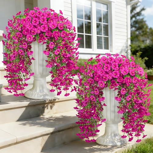 4PCS Artificial Hanging Flowers for Outdoors, 600 Blooms UV Resistant Morning Glory Vine Fake Flowers with Eucalyptus, Realistic Silk Faux Hanging Plants Spring Summer Decorations for Outside (Lotus) - color: Lotus, size: 4PCS