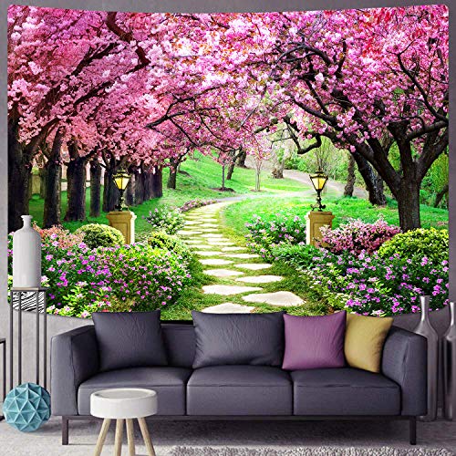 MEETSIOY Cherry Blossom Tapestry 93x71 Inches Floral Cherry Blossom Tree in Spring Tapestry Park Path Tapestries for Children Adults Room Decoration GTLSMT85 - color: no window pattern, size: 93"L x 71"W