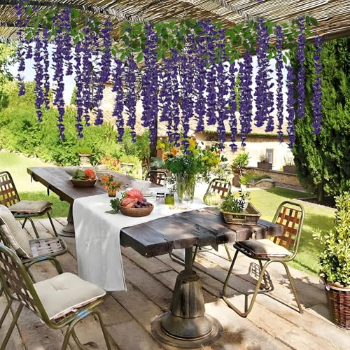 BIRDDIE 48 Pcs of Artificial Wisteria Hanging Flowers, 3.75 Feet Fake Wisteria Flower Strings for Backdrop, Wedding, Ceremony,Garden and Home Wall Decoration (Dark Purple) - color: Dark Purple, size: 48 pcs