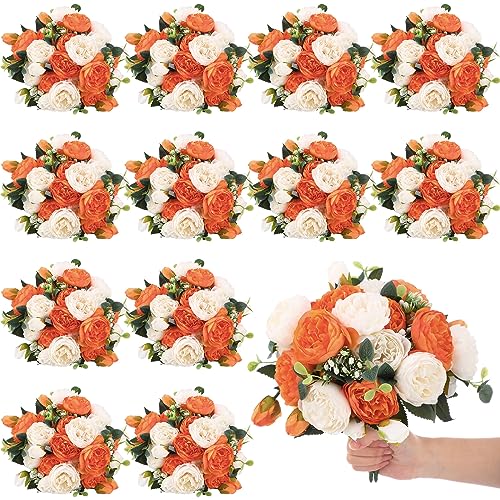 Hoteam 24 Bundles Artificial Peonies Flowers Wedding Faux Flowers Silk Peony Bouquet Bulk Bride Fake Florals Arrangements for Table Centerpieces Wedding Party Vase Decor (Orange, White) - color: Orange, White