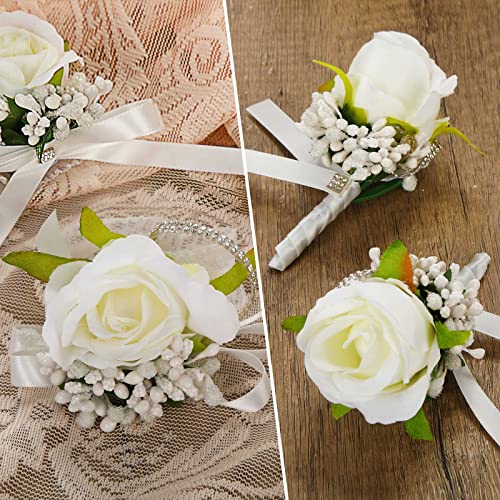 Geosar 20 Pcs Wedding White Corsage and Boutonniere Set Homecoming Artificial Corsage Wristlet and Boutonniere for Men Women Bride Bridesmaid Wedding Flowers Accessories Prom Suit Decorations - color: White