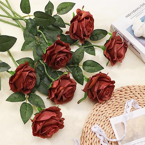 Tifuly Roses Artificial Flowers - 12 Pcs Long Stem Silk Roses, Realistic Fake Roses with Stems for Bridal Bouquets, Home and Office DIY Decor（Burnt Orange） - color: Burnt Orange