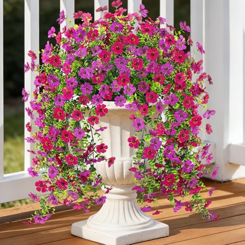 Ammyoo 2Pcs Fake Hanging Flowers for Outdoor Decoration Artificial Flowers Realistic Daisy Plants UV Resistant, Faux Silk Flower No Fade for Porch Patio Window Box Outside Summer Decor(Fuchsia Purple) - color: Fuchsia Purple