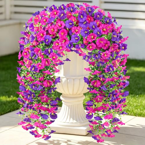 Artificial Hanging Flowers for Outdoors, 6Pcs UV Resistant Morning Glory Vines Fake Flowers with Eucalyptus, Realistic Silk Faux Hanging Plants Decor for Outside Planter Porch Patio (Purple Red) - color: Purple Red