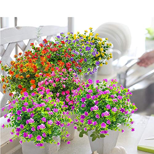 Grunyia 10 Bundles Artificial Fake Flowers, Faux Outdoor Plastic Plants UV Resistant Shrubs Outside Indoor Decorations (Purple-Eucalyptus) - color: Purple-eucalyptus