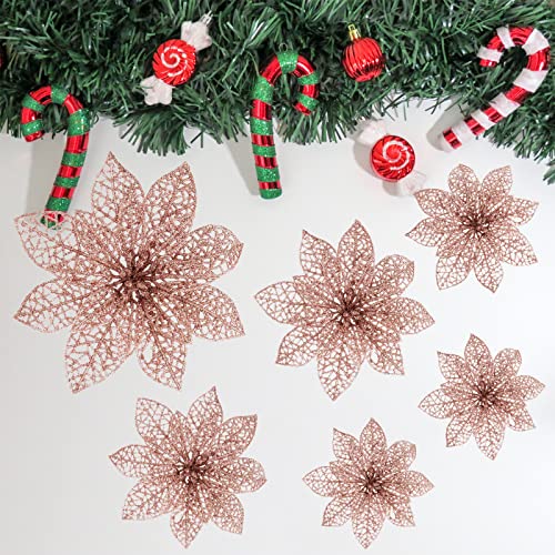 Wironlst 24 Pieces Glitter Poinsettia Flowers Christmas Tree Ornaments, Glitzy Poinsettia Bushes Christmas Decorations for Xmas/Holiday/Seasonal/Wedding (Rose Gold) - color: Rose Gold