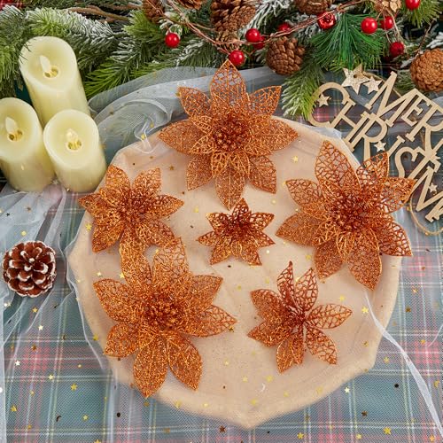 Wironlst 24 Pieces Glitter Poinsettia Flowers Christmas Tree Ornaments, Glitzy Poinsettia Bushes Christmas Decorations for Xmas/Holiday/Seasonal/Wedding (Orange) - color: Orange