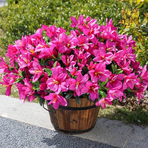 INSPRING Artificial Fake Flowers for Outdoors Spring Outside Decoration, 3 Bundles Silk Azalea Faux Plants UV Resistant Realistic Outdoor Flowers for Planter Porch Patio Garden Walkways Home, Fuchsia - color: Fuchsia