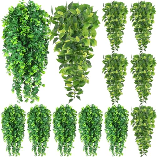 Hoteam 12 Pcs Artificial Hanging Plants 32 Inch Fake Ivy Vines with Fake Leaves Patio Artificial Plants Greenery for Living Room Indoor Outdoor Wall, No Basket (Pothos,Eucalyptus) - color: Pothos, Eucalyptus