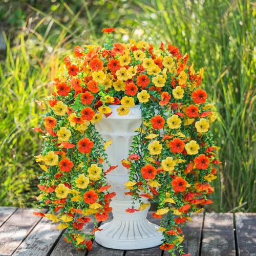 2PCS Artificial Hanging Fall Flowers for Outdoors Decorations, Orange Yellow Realistic Silk Daisy with Eucalyptus, UV Resistant Faux Mums for Home Decor Patio Garden Planters Yard Balcony - color: Yellow + Orange&2pcs Hanging