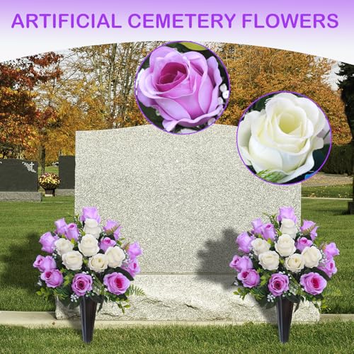 Lodou Set of 2 Artificial Cemetery Flowers, Memorial Flowers Bouquet,Grave Memorial Flowers with Vase for Cemetery Headstones Decoration (Purple White) - color: Purple White