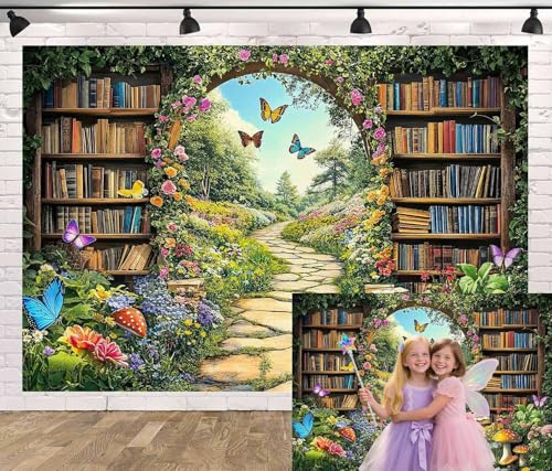 Enchanted Forest Fairy Library Backdrop, Spring Woodland Bookshelf Tea Party Photography Background, Green Floral Plant Birthday Party Decorations Baby Shower Banner Photo Booth Props 5X3FT - color: Brown, size: 5X3FT