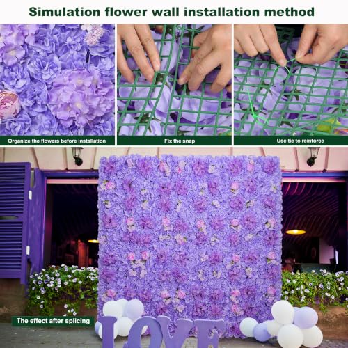 Flower Wall Backdrop 16.5''*16.5'' 12Pcs Artificial Floral Wall Panel 3D Silk Rose Decor for Wedding Home Thanksgiving Day Event Birthday Party Decoration - color: Purple, size: 16.5inch