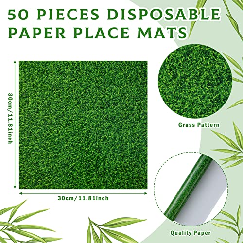 Yinder 50 Pcs Disposable Paper Grass Mat Square Fake Grass Placemats Green Grass Print Paper Placemats for Farmhouse Garden Celebration Indoor Outdoor Softball Golf Party Decor, 11.8 x 11.8 Inch