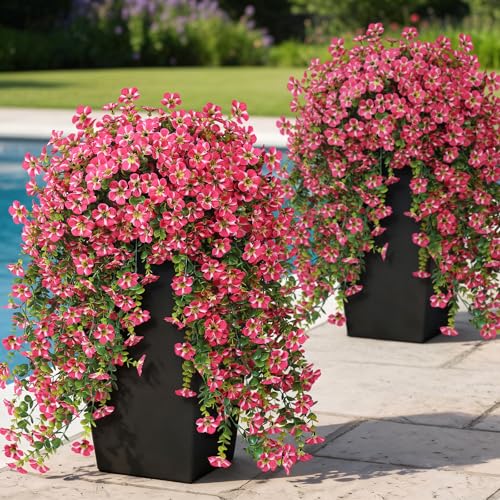 4 Bundles Artificial Hanging Morning Glory Flowers for Outdoor, Realistic Hanging Flowers Silk Fake Morning Glory with Faux Eucalyptus for Yard Garden Porch Patio Balcony Home Decor (Rose Red) - color: Rose Red
