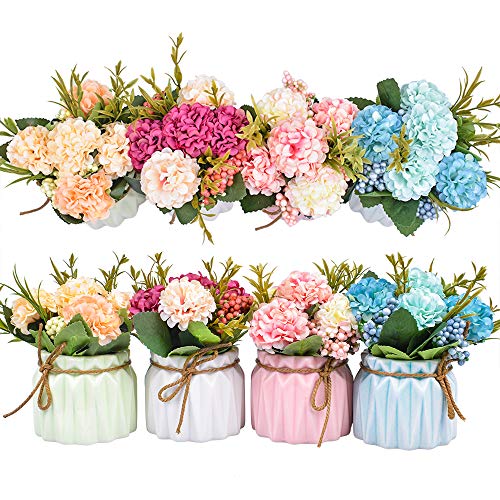 Artificial Flower Plants – Mini Fake Hydrangea Flowers in Pot for Home Decor Party Wedding Office Patio Table Desk Decoration, Set of 4, Size: 3.3''(Diameter) x 5.5''(Tall) - color: Hydrangea-4