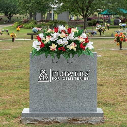 Sympathy Silks Artificial Cemetery Flowers - Grave Decoration - Red Tulips and White Iris (1) Headstone Saddle - color: Red/White, size: (1) Saddle