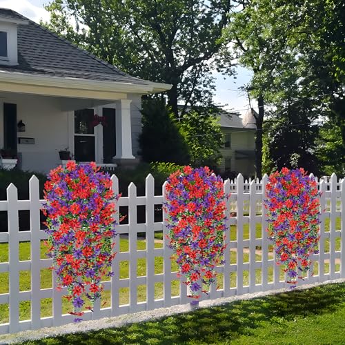 Hrobek 2 PCS Artificial Hanging Flowers Outdoor Spring Summer Decoration, Fake Hanging Vine Plants UV Resistant, Faux Daisy Flower Eucalyptus for Outside Home Indoor Porch - color: B-red Dark Purple