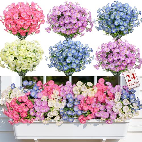 Alupssuc 24 Bundles Artificial Flowers for Outdoors, Faux Spring Flowers for Decoration, UV Resistant Silk Morning Glory with Eucalyptus Realistic Fake Flowers for Yard Planter, 4 Gradien Colors - color: 4 Gradient Color