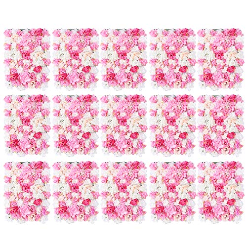 Artificial Flower Wall Panels 15 Pack of 16 x 24" Flower Wall Mat Faux Rose Flower Backdrop Panels for Backdrop Wedding Wall Decorations - color: 15pcs, White+pink