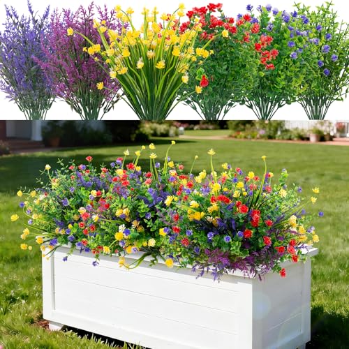 12 Bundles 6 Styles Artificial Flowers for Outdoors, Fake Grass with Plastic Flowers UV Resistant Faux Shrubs Greenery for Spring Summer Garden Patio Window Box (Camellia Lavender Eucalyptus) - color: Red&yellow&purple, size: 12PCS