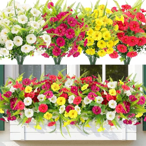 Artificial Flowers for Outdoors 12 Bundles Artificial Petunias Fake Flowers UV Resistant Shrubs Plants with Fern for Indoor Outside Hanging Planters Home Garden Spring Summer Decorations - color: White,magenta, Rose Red,yellow