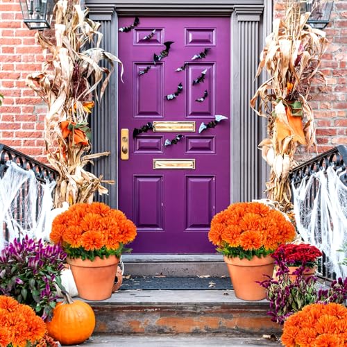 12Pcs Artificial Fall Flowers, Fake Silk Chrysanthemums Orange Marigold Ball Flower Fake Mums for Autumn Dia De Los Muertos Day of The Dead Home Decor Outdoors Indoor
