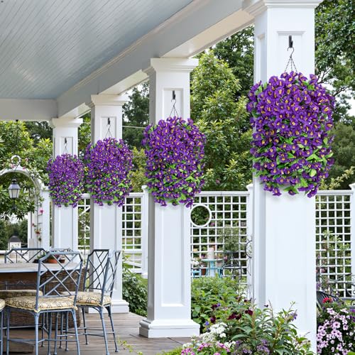 Artificial Hanging Flowers for Outdoors, 2 Pack Purple Silk Morning Glory Fake Flowers UV Resistant Faux Petunias Hanging Artificial Plants Trailing Vines for Porch Garden Spring Summer Planter Decor - color: Purple