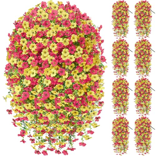 Artificial Hanging Flowers for Outdoors Spring Summer Decoration, 8PCS UV Resistant Silk Fake Hanging Plants for Patio Porch Front Yard Window Garden Indoor Decor(Hot Pink&Yellow,8PCS) - color: Hot Pink&yellow, size: 8PCS