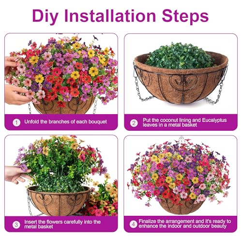 HyeFlora 2 Set Artificial Outdoor Flowers Hanging Basket, Faux Hanging Plants for Outside Spring Decoration, Fake Silk UV Resistant Look Real Daisy for Porch Patio Home Decor - color: 6 Multicolor