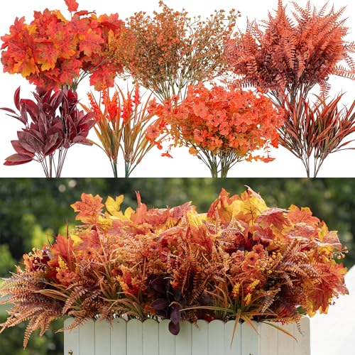 Green Moon 24PCS Artificial Fall Flowers, Faux Maples & Mums for Outdoor | UV Resistant Artificial Flowers for Outdoors Garden Patio Porch, Thanksgiving Autumn Decor Fall Decorations for Home - color: Orange Red Maple