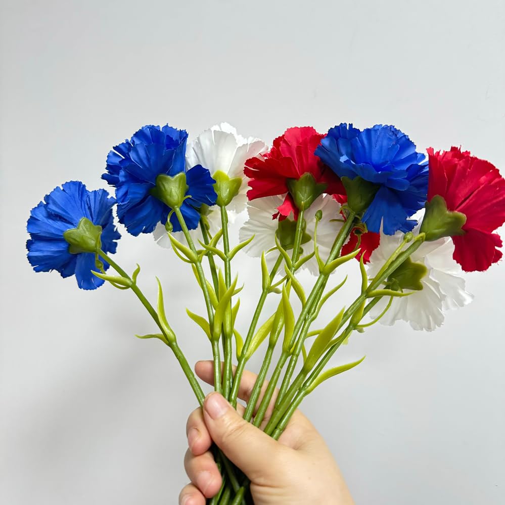 11 Inch Bouquets 10 Stem Carnations,Outdoor UV Resistant No Fade Artificial Flower,Mini Carnation Silk Petals Fake Flowers Forever Plants for Photo Props Home Party and Wedding Decor (Red White Blue) - color: Red White Blue