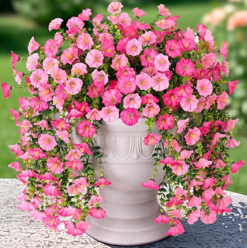 2 PCS Artificial Faux Hanging Flowers Plants for Outdoor Decor,Fake Silk Morning Glory with Eucalyptus UV Resistant Realistic Vine for Wall Home Porch Patio Balcony Yard Decor,Pink and Light Pink - color: Pink+light Pink