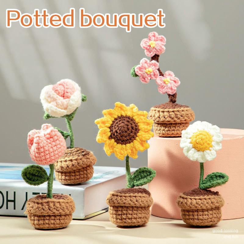 JOONOR 3PCS Mini Crochet Rose Potted Plant,Hand Knitted Pink Plum Blossom Lily of The Valley Flower for Bathroom Home Kitchen Rustic Table Centerpiece Shelf Decor - color: Color#11