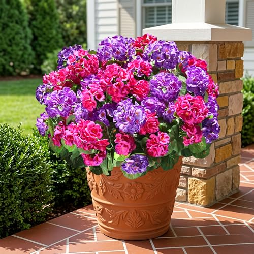 Fake Geraniums Artificial Flowers for Outdoors, 6 Bundles Silk Geraniums Flowers Realistic UV Resistant Fake Plants Faux Flowers for Outside Planters Front Door Garden Balcony Yard Porch Indoor, Mix - color: 3 Purple, 3 Fuchsia
