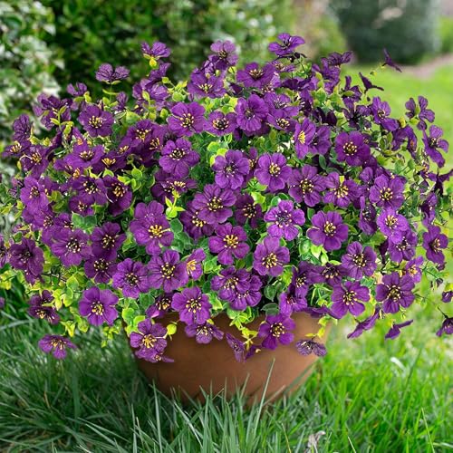 Artificial Fake Plants Flowers for Outdoor Decoration, 12 Bundles Faux Silk Daisy Look Real UV Resistant for Outside Home Porch Patio Planter Decor - color: Purple 2