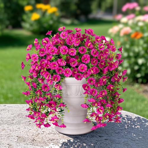Artificial Faux Hanging Flowers Plant for Outdoor Decor,2 PCS Fake Silk Morning Glory with Eucalyptus UV Resistant Realistic Trailing Vine for Wall Home Porch Patio Balcony Yard Indoor Decor, Fuchsia - color: Fuchsia